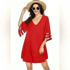Red Swimsuit Cover Up 3/4 Bell Sleeve Beachwear V-Neck Bikini Beach size small